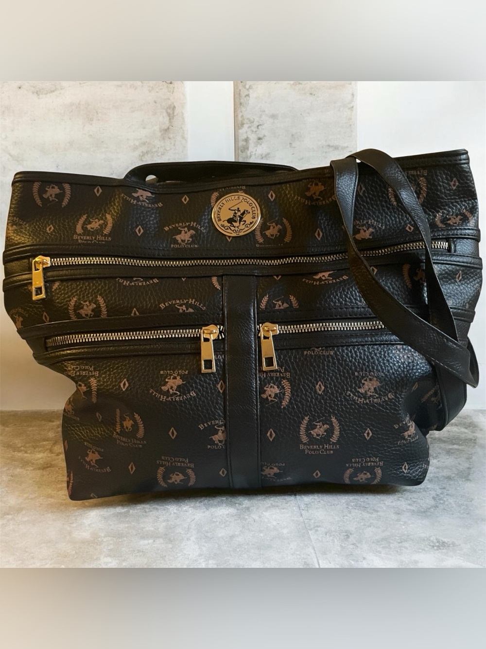 Beverly Hills Polo Club Black & Brown Logo Tote with Gold Hardware 12x16